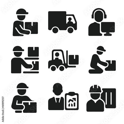 Logistics Roles Icons. Solid, filled icon set of logistics team roles: loader, driver, dispatcher, warehouse manager, forklift