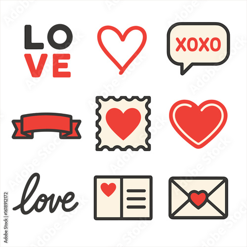 Love Icon Set. Flat icon set of love messages and typography: “LOVE” letters, calligraphy heart, speech bubble with “xoxo”, ribbon