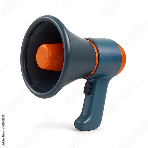3D modern megaphone icon in matte blue and orange color for announcement concept