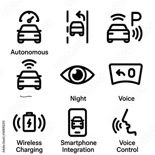 Luxury Car Tech Icons. Solid, filled icon set of automotive technology in luxury cars: adaptive cruise control, lane assist,