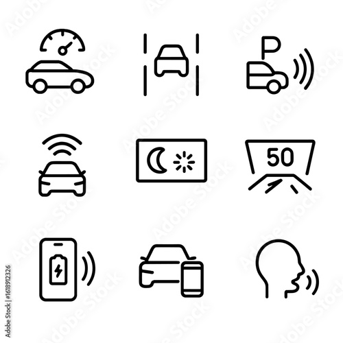 Luxury Car Tech Icons. Solid, filled icon set of automotive technology in luxury cars: adaptive cruise control, lane assist,