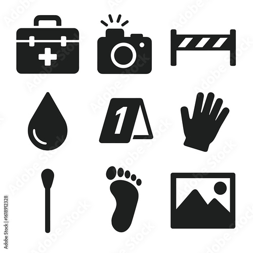 Crime Scene Icons. Solid, filled icons set of investigative tools and crime scene elements: forensic kit,