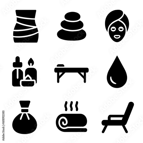 Luxury Spa Icons. Solid, filled icon set of luxury spa treatments: body wrap, hot stones, mud mask, massage table, aromatherapy