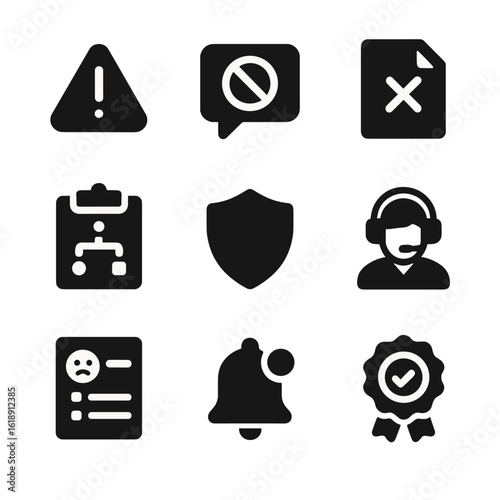 Crisis Management Icons. Solid, filled icon set of crisis management: warning sign, comment moderation, apology letter, crisis