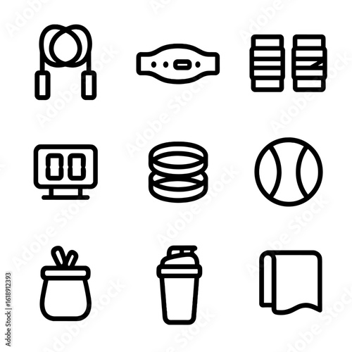 CrossFit Gear Icons. Solid, filled icon set of CrossFit gear: jump rope, weightlifting belt, wrist wraps, gym timer, resistance