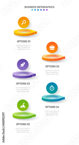 Vertical progress bar featuring 5 arrow-shaped elements, symbolizing the five stages of business strategy and progression. Clean timeline infographic design template. Vector for mobile presentation.
