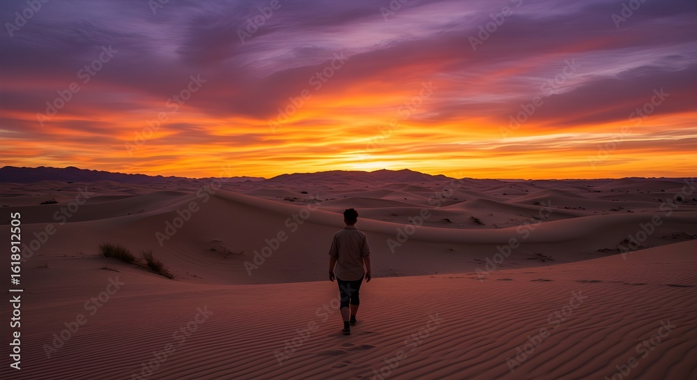 Fototapeta premium Person walks through a desert landscape at sunset isolated on white background.
