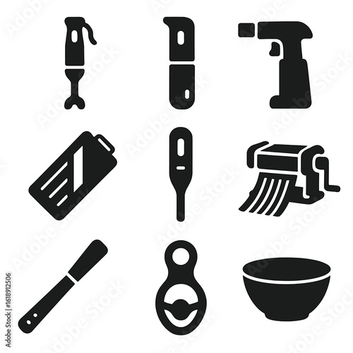 Advanced Cooking Tools Icons. Solid, filled icons set of advanced cooking tools: immersion blender, sous vide