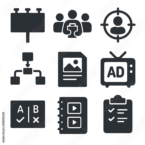 Advertising Icons Grid. Solid, filled icons set of advertising strategy sessions: billboard icon, team with