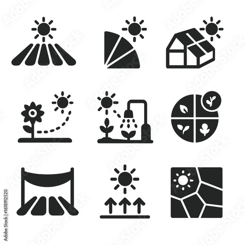 Agricultural Practice Icons. Solid, filled icons set of agricultural sunlight practices: crop row alignment,