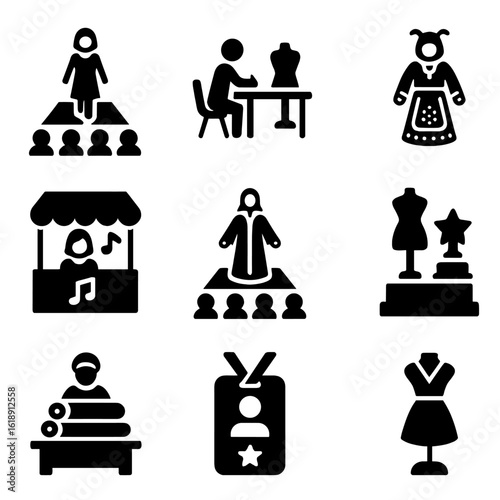 Cultural Fashion Icons. Solid, filled icons set of cultural fashion events: fashion runway, designer table,
