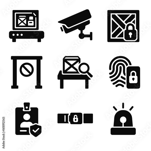Air Cargo Security Icons. Solid, filled icons set of air cargo security measures: X-ray scanner, security