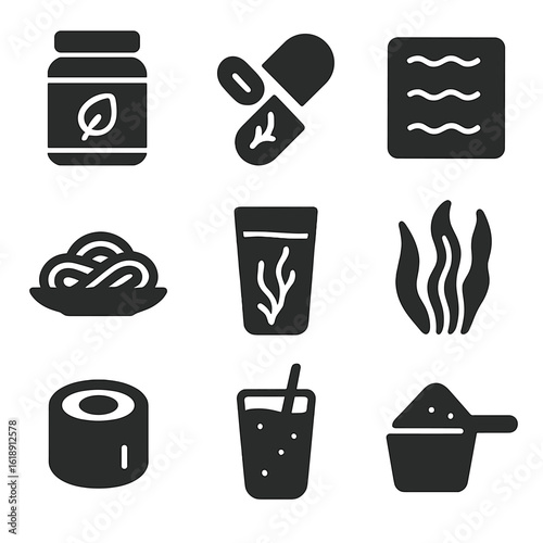 Algae Protein Icons. Solid, filled icons set of algae and seaweed protein dishes: spirulina powder jar,