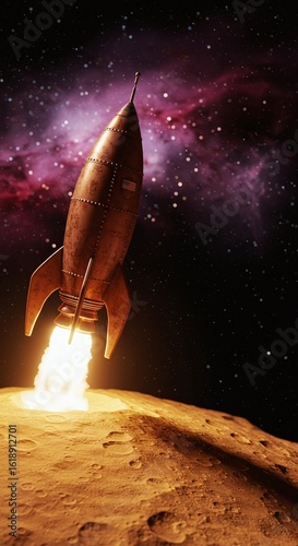 Rocket Launching from Planet Surface into Nebula - Space Exploration, Future Technology, Fantasy Adventure, 3D Illustration