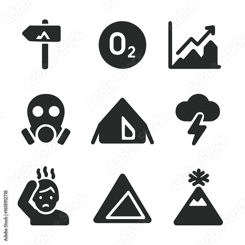 Altitude Awareness Icons. Solid, filled icons set of altitude and elevation awareness: altitude signpost,