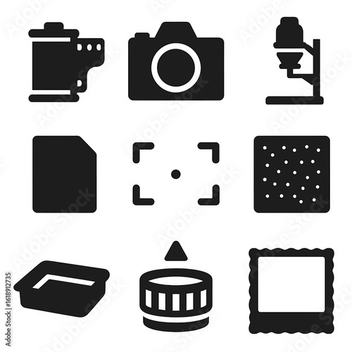 Analog Photography Icons. Solid, filled icons set of film photography and analog gear: film roll, analog SLR,