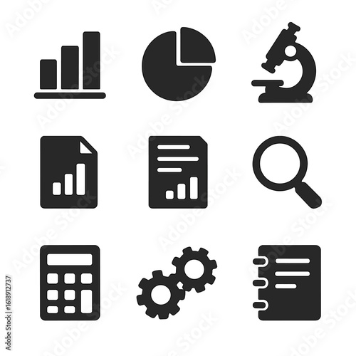 Analytical Thinking Icons. Solid, filled icons set of analytical thinking: bar chart, pie chart, microscope,