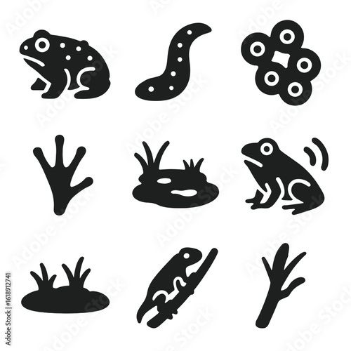 Amphibian Icon Grid. Solid, filled icons set of amphibians in wetland zones: toad with warts, salamander tail,