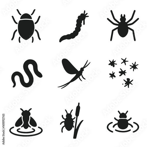 Aquatic Insects Icons. Solid, filled icons set of aquatic insects and small creatures: water beetle, mosquito