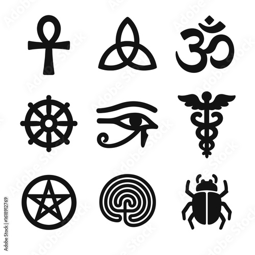 Ancient Spiritual Icons. Solid, filled icons set of ancient spiritual symbols: ankh, triquetra, om symbol,