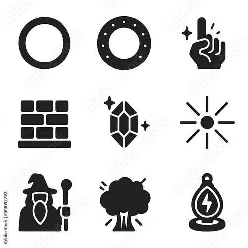 Arcane Icons Grid. Solid, filled icons set of arcane barrier creation: ring of power, glowing circle,