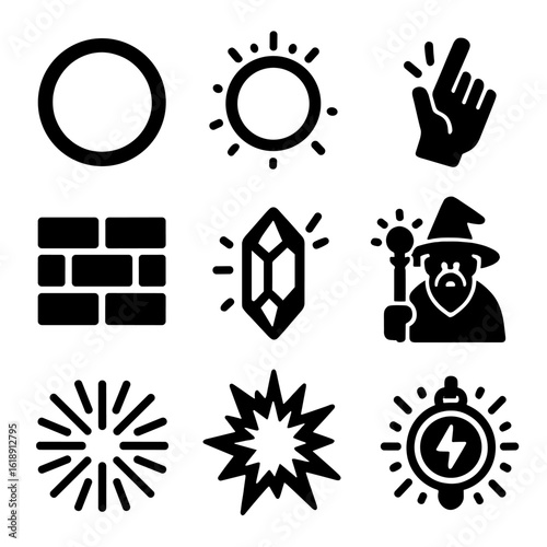Arcane Icons Collection. Solid, filled icons set of arcane barrier creation: ring of power, glowing circle,