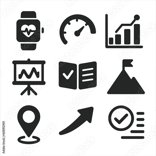 Athlete Performance Icons. Solid, filled icons set of athlete performance tracking: heart rate monitor, speed