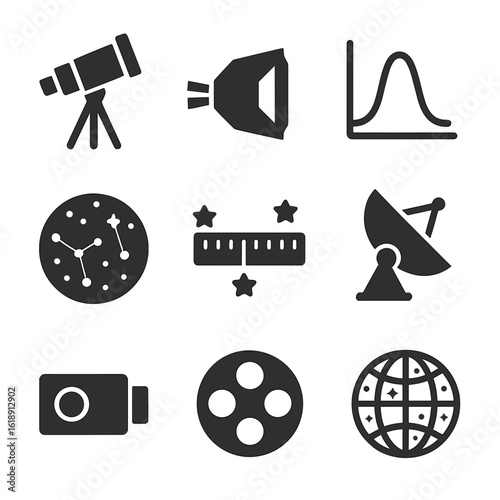 Astronomy Tools Icons. Solid, filled icons set of observational tools in stellar astronomy: optical telescope,