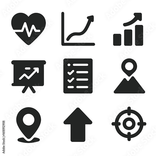 Athlete Performance Icons. Solid, filled icons set of athlete performance tracking: heart rate monitor, speed