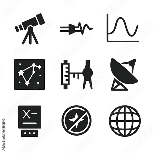 Astronomical Tools Icons. Solid, filled icons set of observational tools in stellar astronomy: optical