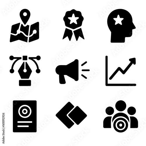 B2B Branding Icons Grid. Solid, filled icons set of B2B branding and positioning: brand strategy map, unique