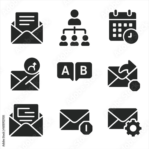 B2B Email Icons. Solid, filled icons set of B2B email marketing tools: email newsletter, contact segmentation,