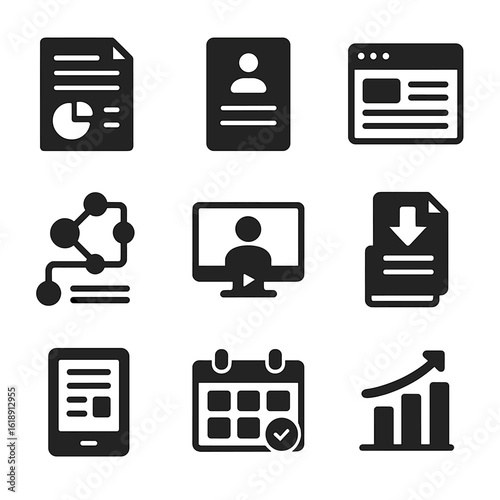 B2B Marketing Icons. Solid, filled icons set of B2B content marketing assets: whitepaper document, case study