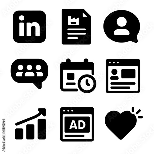 B2B Marketing Icons. Solid, filled icons set of B2B social media marketing: LinkedIn logo, industry post,