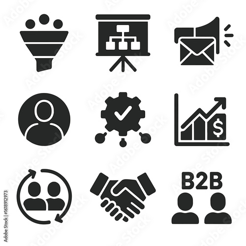 B2B Marketing Icons. Solid, filled icons set of B2B marketing strategies and techniques: lead generation