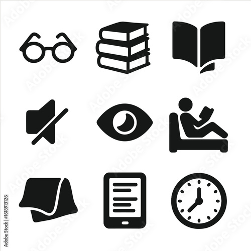 Bedtime Reading Icons. Solid, filled icons set of bedtime reading habits: reading glasses, book stack, page