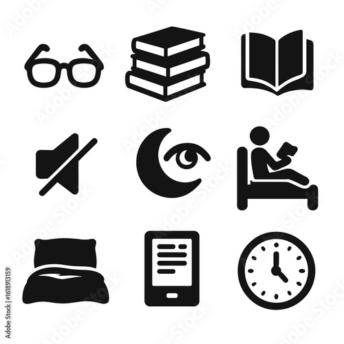 Bedtime Reading Icons. Solid, filled icons set of bedtime reading habits: reading glasses, book stack, page