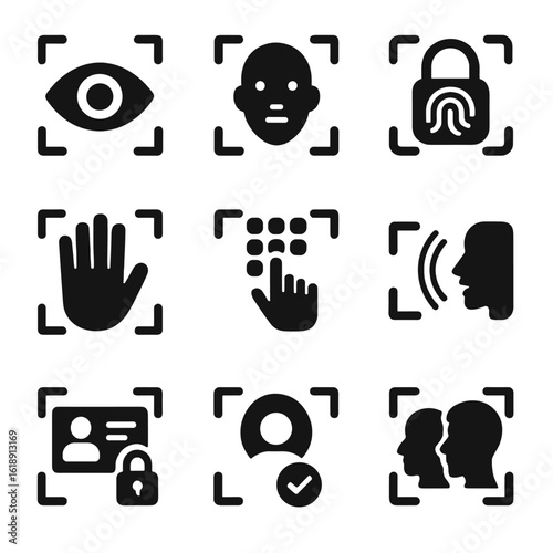 Biometric Security Icons. Solid, filled icons set of biometric access in smart homes: iris scan, facial scan,