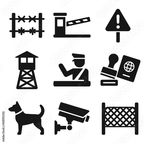 Border Security Icons. Solid, filled icons set of visible borders: barbed wire fence, border checkpoint gate,