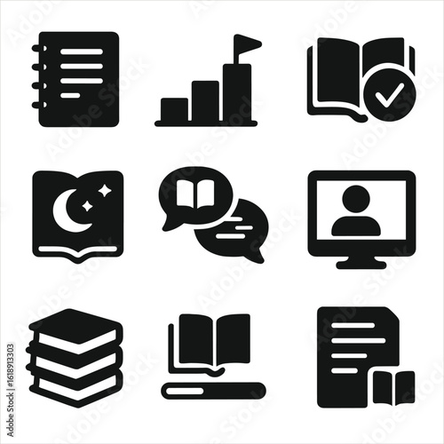 Book Club Icons. Solid, filled icons set of book club and bedtime reading challenges: reading log, goal