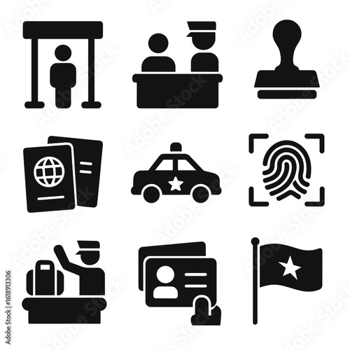 Border Control Icons. Solid, filled icons set of country border control: entry gate, passport control booth,