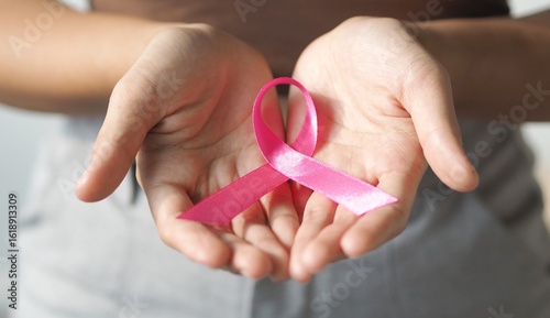 Pink breast cancer awareness ribbon. October Breast cancer awareness month. Healthcare and medicine concept. 