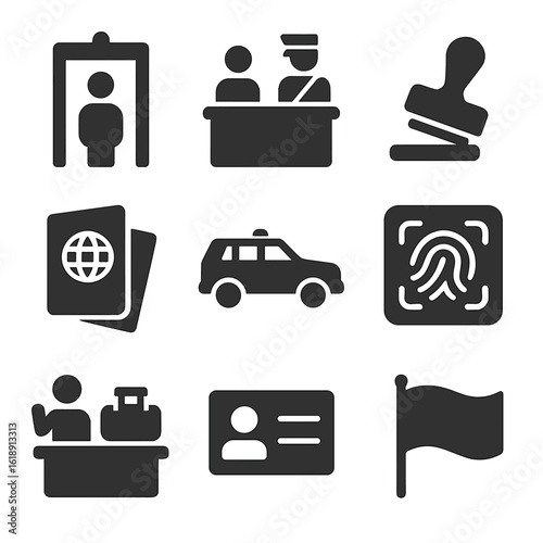 Border Control Icons. Solid, filled icons set of country border control: entry gate, passport control booth,