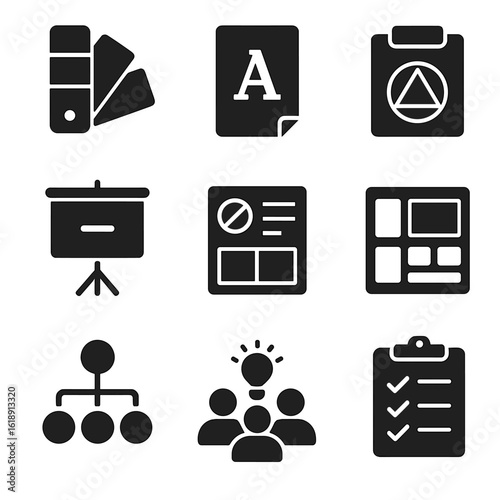 Branding Identity Icons. Solid, filled icons set of branding identity sessions: color swatch book, typography
