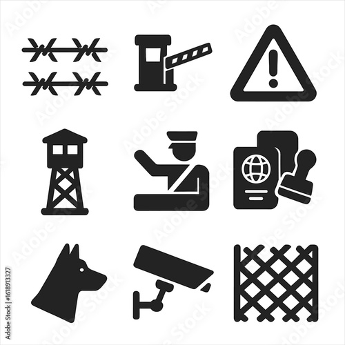 Border Security Icons. Solid, filled icons set of visible borders: barbed wire fence, border checkpoint gate,