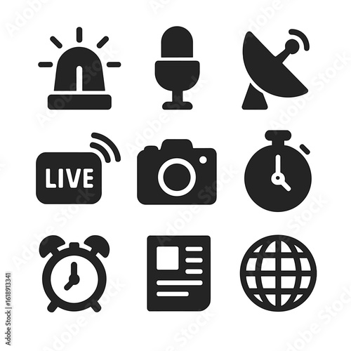 Breaking News Icons. Solid, filled icons set of breaking news: siren, microphone, satellite dish, live