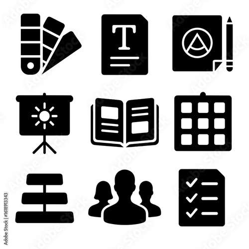 Branding Identity Icons. Solid, filled icons set of branding identity sessions: color swatch book, typography