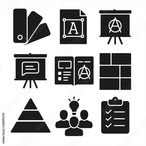 Branding Identity Icons. Solid, filled icons set of branding identity sessions: color swatch book, typography