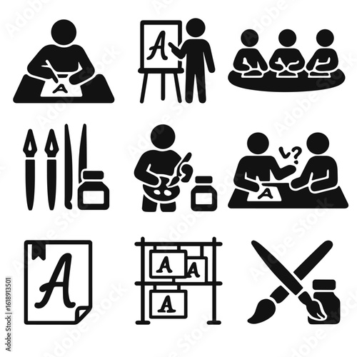 Calligraphy Workshop Icons. Solid, filled icons set of calligraphy workshop scenes: student writing,