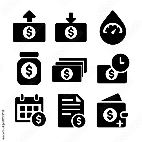 Cash Flow Icons. Solid, filled icons set of cash flow and liquidity management: cash inflow, cash outflow,